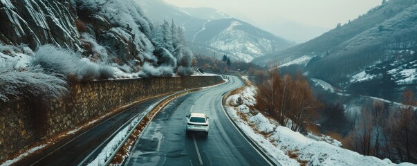 Wall Mural - A car is driving down a snowy road with mountains in the background. The scene is peaceful and serene, with the car moving slowly and steadily through the snow