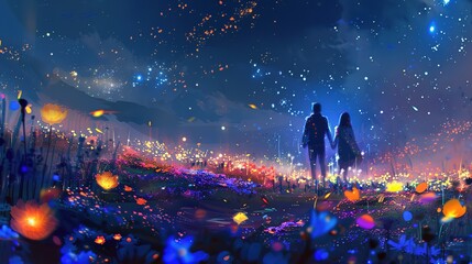 Poster - Romantic couple enjoying a starry night walk in a whimsical flower field