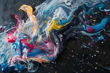 Poster - An abstract image of vibrant paint swirling and flowing from a brush onto a black background. Generative AI