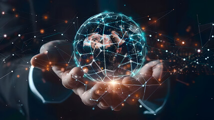 Wall Mural - Abstract concept of the global network and connectivity. data transfer and cyber technology with hands holding an earth hologram in motion on a dark background 