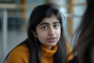 Wall Mural - Portrait of a young woman in a yellow sweater engaging in a conversation indoors with a blurred background.