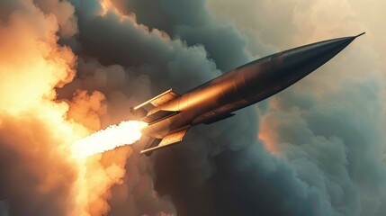 Wall Mural - A rocket is flying through the sky with a lot of smoke coming out of it, military missile