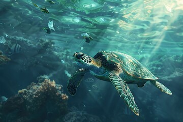 Wall Mural - Sea turtle swimming in ocean, Plastic pollution in ocean, Turtles eat plastic bags mistaking them for jellyfish Environmental Problem, World Ocean Day, and World Environment Day concept