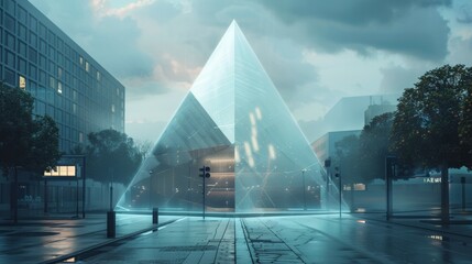 A large pyramid building with a glass dome sits in front of a city
