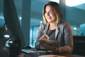 Poster - Night, reading and woman with computer in office for research, news info or website as content writer. Working late, female editor or tablet for editing article, scroll or story angle for business