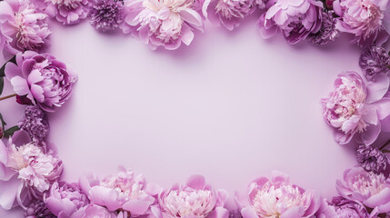 Wall Mural - A refined arrangement of lilac purple peonies forming a border on a pale lilac background