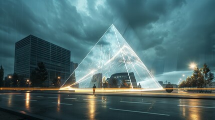 Wall Mural - A city street with a large pyramid in the background, transparent pyramid in mysticism concept