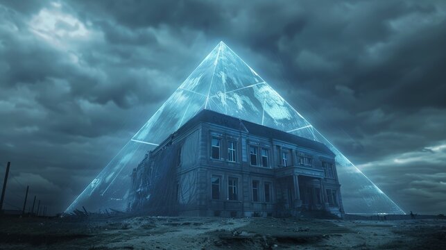 A pyramid is lit up in the sky above a house, transparent pyramid in mysticism concept