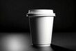 © Rayan Heaven - Mockup of take away paper coffee cup white with space for test black background. Product shot of a blank coffee cup, disposable coffee cup on a desk, beverage branding. Marketing mockup