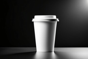 Wall Mural - Mockup of take away paper coffee cup white with space for test black background. Product shot of a blank coffee cup, disposable coffee cup on a desk, beverage branding. Marketing mockup