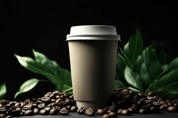 Wall Mural - Paper coffee cup on dark background with coffee beans and green leaves. Take out coffee cup mockup on a dark background with coffee leaves