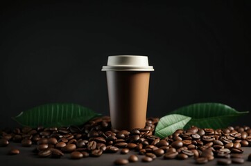 Wall Mural - Paper coffee cup on dark background with coffee beans and green leaves. Take out coffee cup mockup on a dark background with coffee leaves