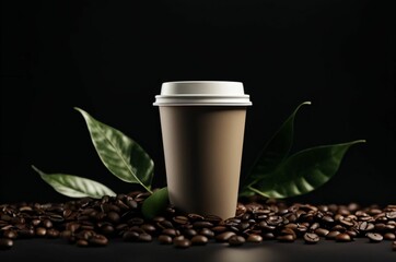 Wall Mural - Paper coffee cup on dark background with coffee beans and green leaves. Take out coffee cup mockup on a dark background with coffee leaves