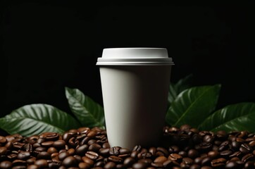 Wall Mural - Paper coffee cup on dark background with coffee beans and green leaves. Take out coffee cup mockup on a dark background with coffee leaves