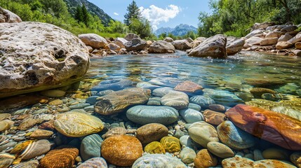 Wall Mural - Serene blue mountain stream with clear water and smooth stones