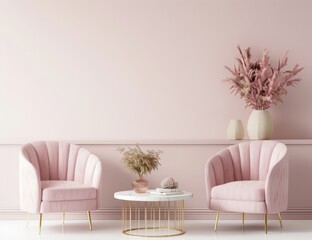 Wall Mural - An interior mockup of a modern feminine living room with a 3D render of the interior