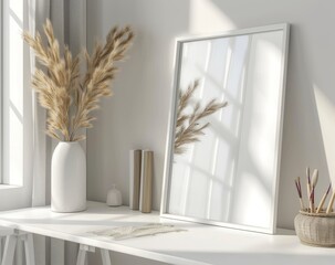 Wall Mural - A mockup frame on a minimalist interior background with a 3D render