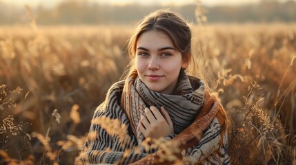 Wall Mural - Serene young woman enjoying a peaceful moment in a field wrapped in a cozy blanket