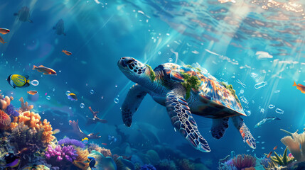 Wall Mural - a Hawksbill sea turtle, swimming near a coral reef, entangled in plastic debris.