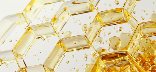 golden oil serum bubbles in honeycomb hexagonal surface structure. cosmetic golden background with a