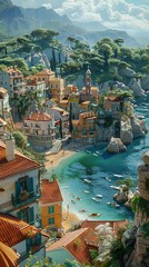 A charming seaside town, realistic.