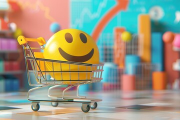 Shopping cart with goods and and a yellow spherical smile symbol on colorful background with financial chart. Concept of consumption and economic growth