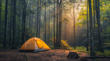 A sunlit orange tent in a forest clearing, surrounded by tall trees, depicting a peaceful camping scene in nature.