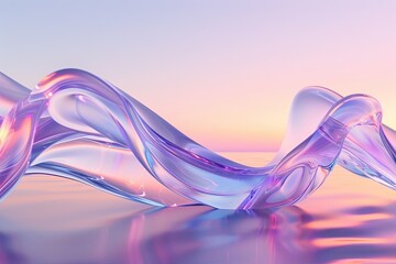 Poster - An abstract digital illustration of purple and blue waves against a background of a pink and orange sunset. Generative AI