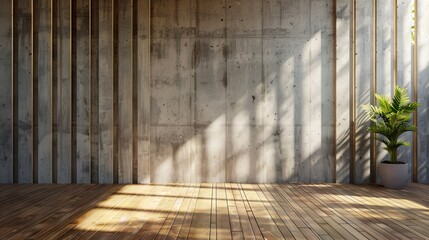 Wall Mural - Three-dimensional rendering of an empty room interior with a concrete wall and wooden paneling.