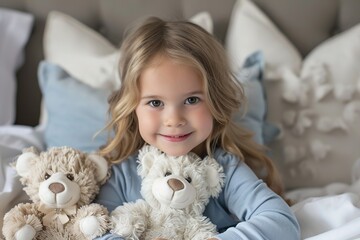 Poster - Smiling little girl posing with her teddy bears sitting at her bed looking at the camera