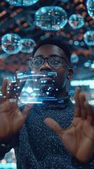 Wall Mural - A man with glasses interacts with a holographic interface, manipulating transparent blue digital spheres and lines, against a backdrop of illuminated digital data