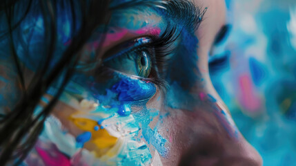 Wall Mural - Сlose-up shot of a womans eye covered in blue paint. image is focused on eye, with rest of face blurred out. blue paint is spread across womans face, and there are hints of other colors visible