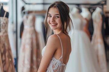 Wall Mural - Smiling girl trying on prom dress in luxury shop boutique. Modern store with many dresses. Dress rental for various occasions and events