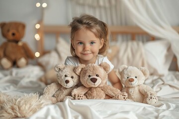 Poster - Smiling little girl posing with her teddy bears sitting at her bed looking at the camera