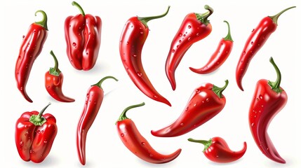 Wall Mural - Set of red and yellow hot chili peppers, with bright green jalapenos all cut in half, shown in top and side views, isolated on a transparent background