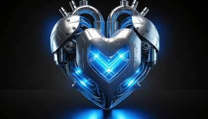 Canvas Print - A robotic heart made of interlocking titanium plates, with blue LED lights tracing its contours. The heart i