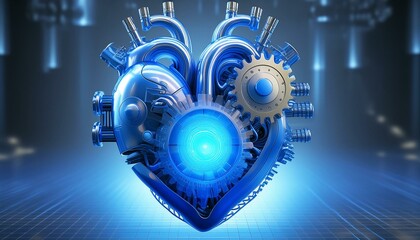 Wall Mural - An intricate, glowing mechanical heart with gears and pistons, illuminated from within by a light source.