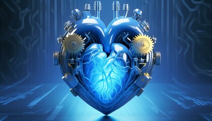 Wall Mural - An intricate, glowing mechanical heart with gears and pistons, illuminated from within by a light source. Th
