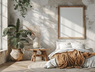 Wall Mural - Interior of a Scandinavian farmhouse bedroom, poster frame mockup, 3D render