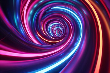 Fototapete - A digitally rendered image of a swirling, abstract neon spiral with vibrant colors and a metallic finish. Generative AI
