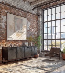 Wall Mural - Frame mockup in living room loft, industrial style, 3D rendering