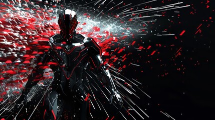 Wall Mural - A futuristic cyber warrior depicted with explosive effects in a dramatic and intense scene. The dark background contrasts with the vibrant red and metallic elements.