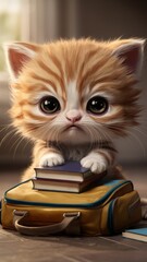 Sticker - A small kitten sitting on a book bag with books, AI