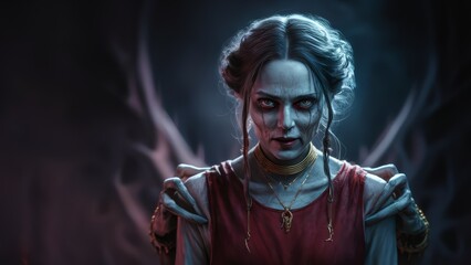 Wall Mural - A woman with a creepy face and red dress standing in front of some dark background, AI