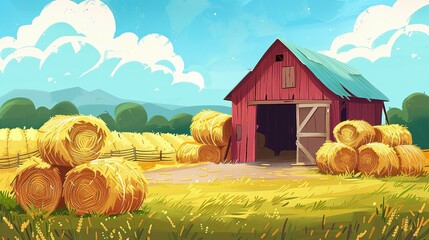 Sticker - Countryside Cartoon: Barn Theme with Quaint Straw Bales