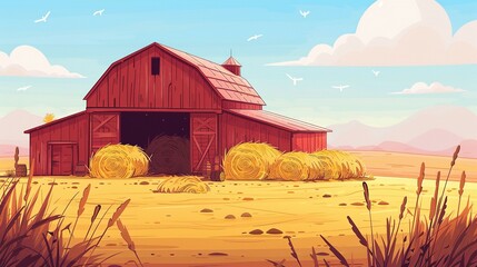 Wall Mural - Whimsical Farmyard: Cartoon Barn with Straw Bales and Hay Piles