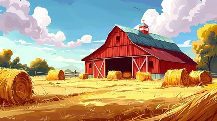 Wall Mural - Whimsical Farmyard: Cartoon Barn with Straw Bales and Hay Piles