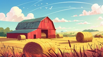 Wall Mural - Rustic Charm: Cartoon Barn Theme with Colorful Hay Piles