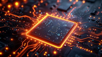 Fototapete - Close-up of a computer microchip with orange glowing circuits, futuristic technology. High-tech concept