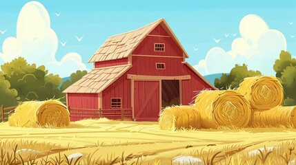 Poster - Countryside Cartoon: Barn Theme with Quaint Straw Bales